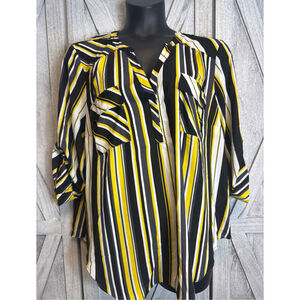 Women's Torrid Blouse 3X Black Yellow Striped Roll-Tab Sleeve